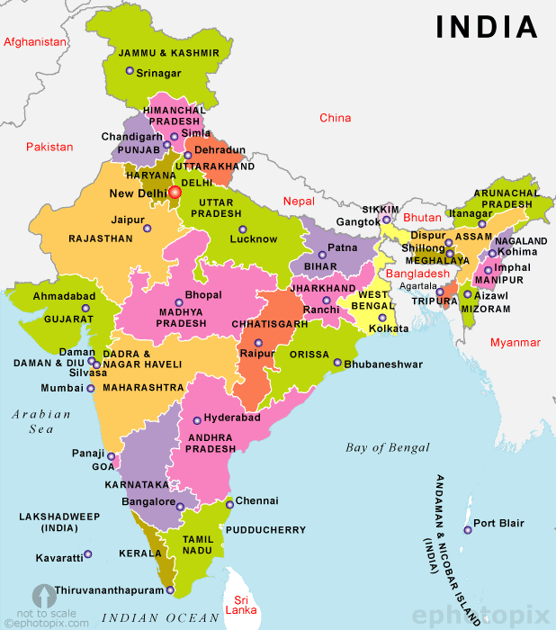 Map of India showing all the Indian States and Union Territories